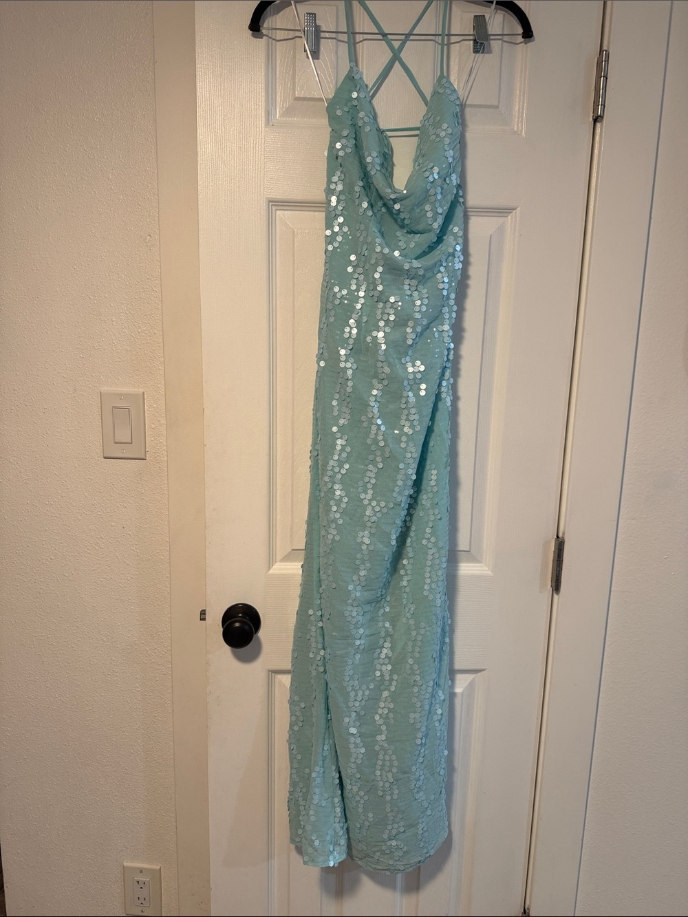 Aqua Sequin Cowl Neck Maxi Dress
